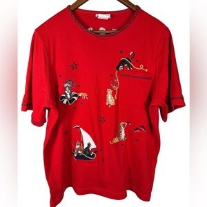 BonWorth Red Nautical Cats Embroidered Short Sleeved Top Cotton Blend Size L